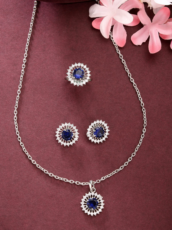 Rhodium Plated Silver Toned Royal Blue American Diamond Studded Pendant Combo With Ring