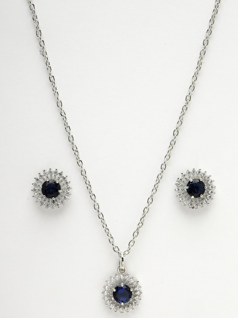 Rhodium Plated Silver Toned Royal Blue American Diamond Studded Pendant Combo With Ring