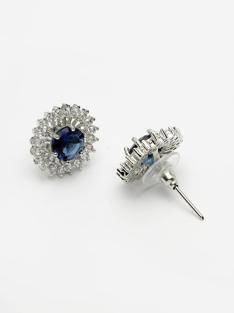 Rhodium Plated Silver Toned Royal Blue American Diamond Studded Pendant Combo With Ring
