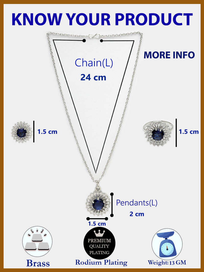 Rhodium Plated Silver Toned Royal Blue American Diamond Studded Pendant Combo With Ring