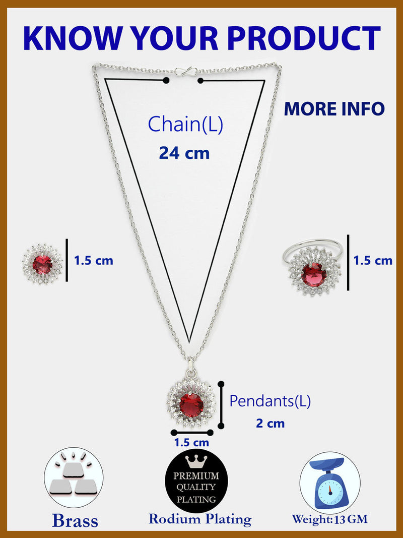 Rhodium Plated Silver Toned Ruby Red American Diamond Studded Pendant Combo With Ring