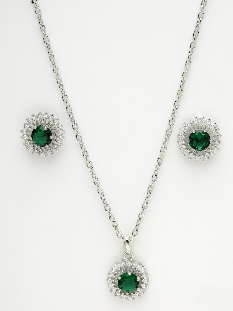 Rhodium Plated Silver Toned Emerald Green American Diamond Studded Pendant Combo With Ring