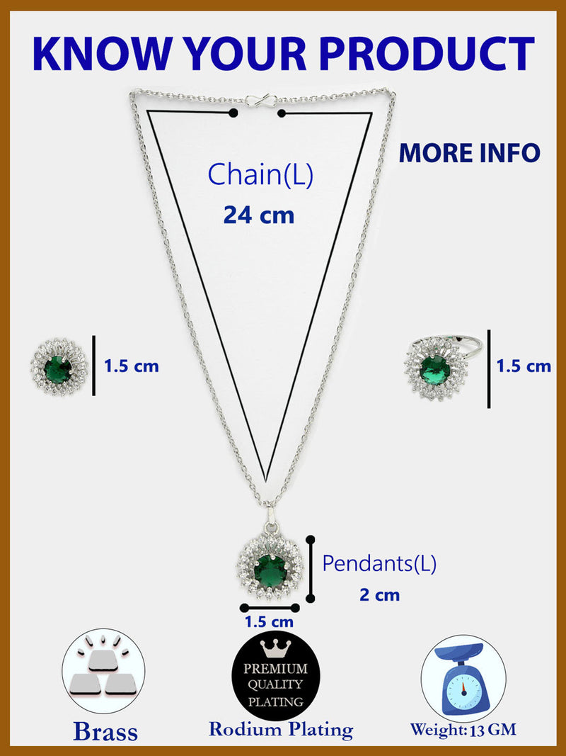 Rhodium Plated Silver Toned Emerald Green American Diamond Studded Pendant Combo With Ring