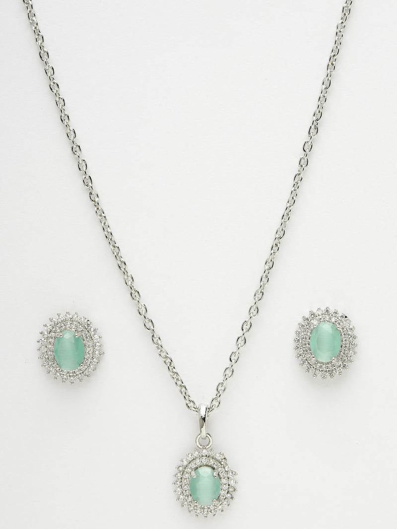 Rhodium Plated Silver Toned Oval Shaped Sea Blue American Diamond Studded Pendant Combo With Ring