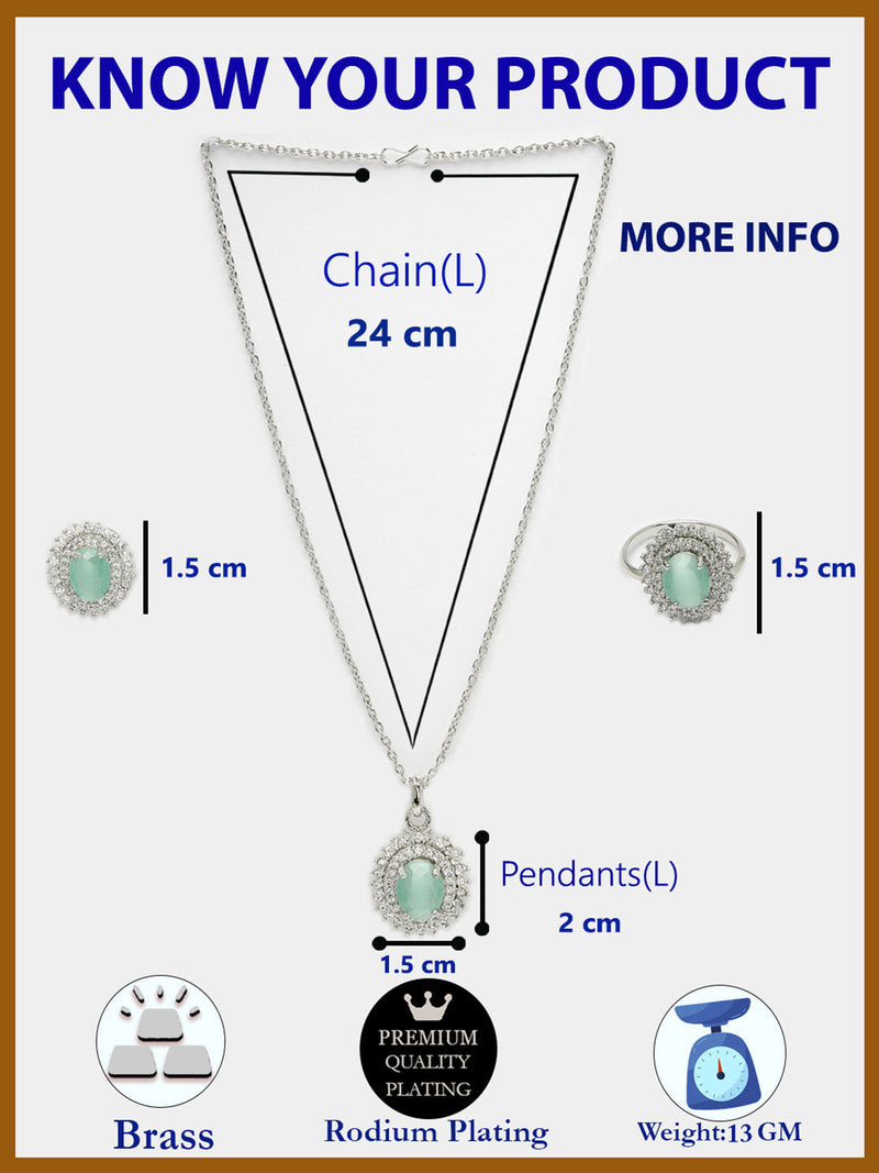 Rhodium Plated Silver Toned Oval Shaped Sea Blue American Diamond Studded Pendant Combo With Ring