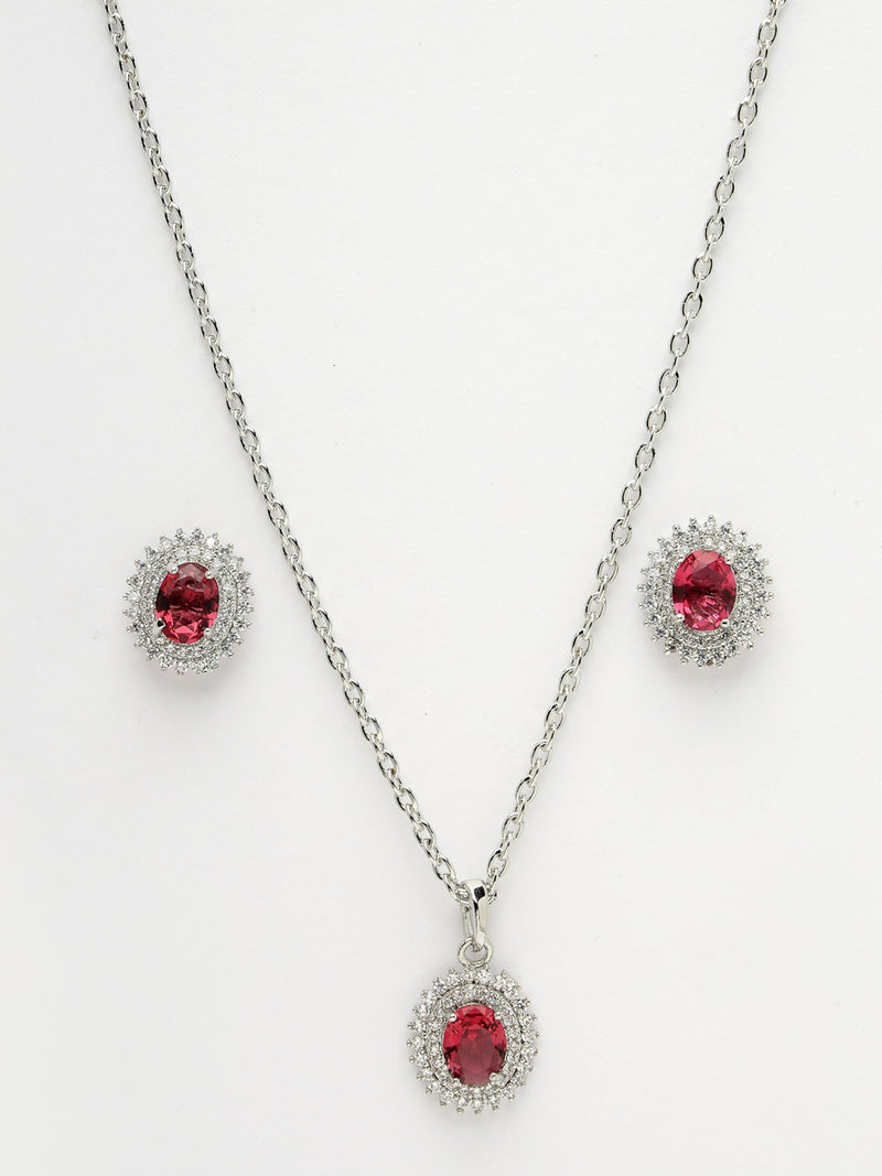 Rhodium Plated Silver Toned Oval Shaped Ruby Red American Diamond Studded Pendant Combo With Ring