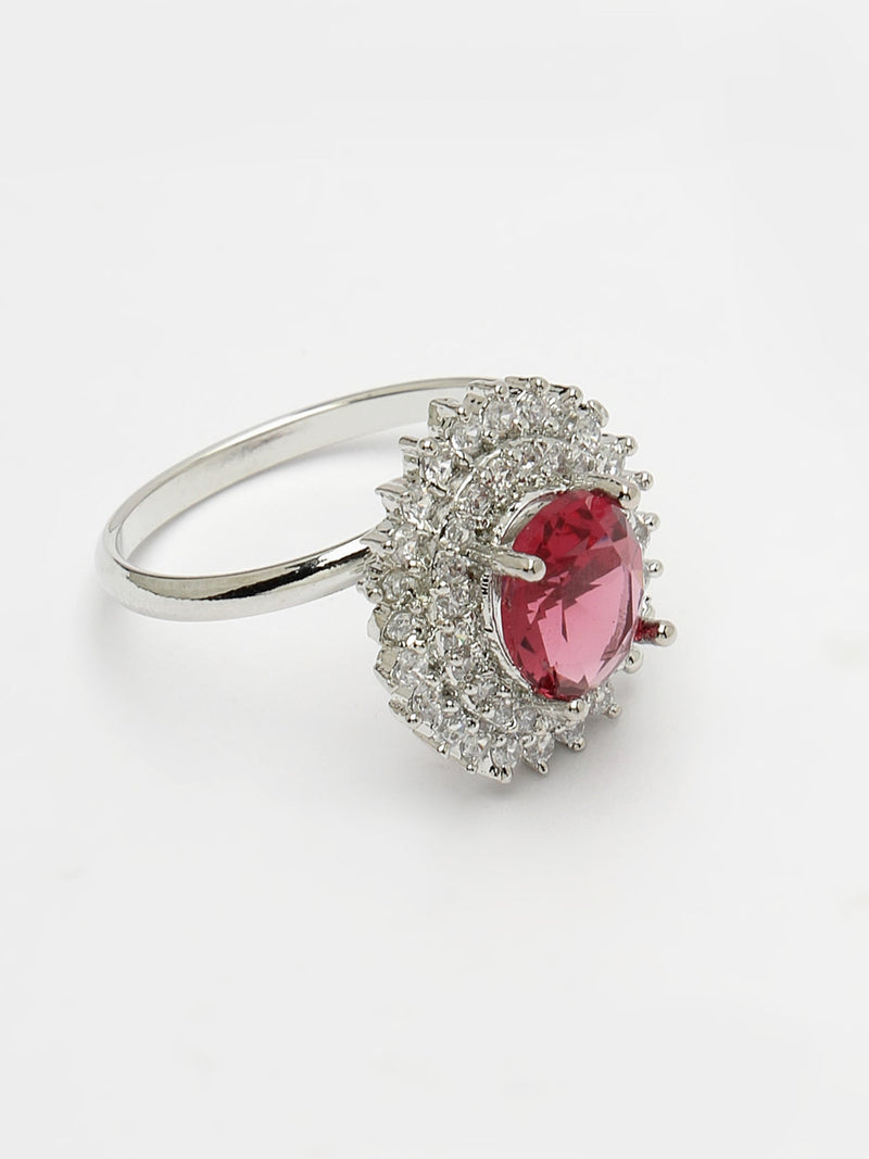 Rhodium Plated Silver Toned Oval Shaped Ruby Red American Diamond Studded Pendant Combo With Ring