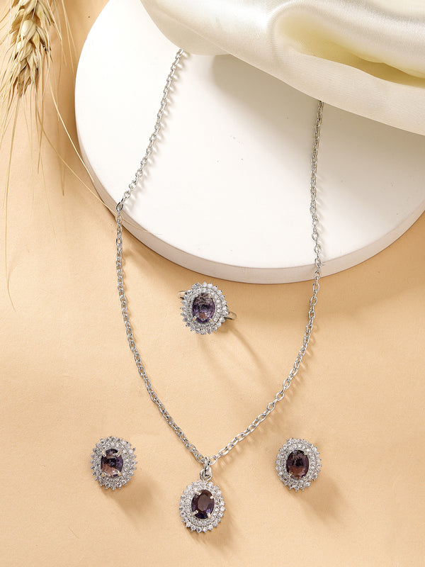 Rhodium Plated Silver Toned Oval Shaped Violet American Diamond Studded Pendant Combo With Ring