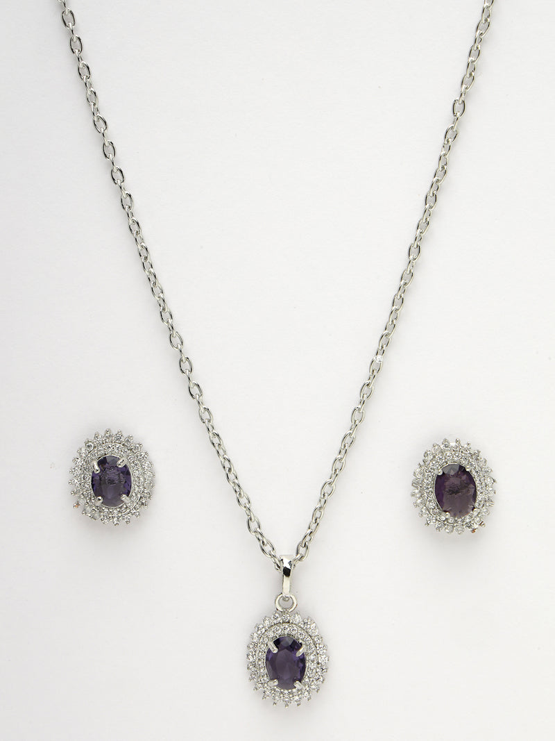 Rhodium Plated Silver Toned Oval Shaped Violet American Diamond Studded Pendant Combo With Ring