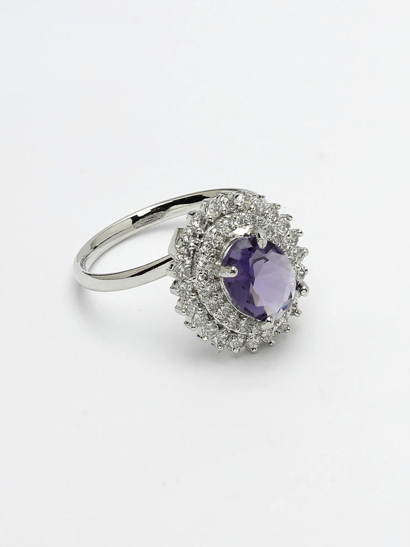 Rhodium Plated Silver Toned Oval Shaped Violet American Diamond Studded Pendant Combo With Ring