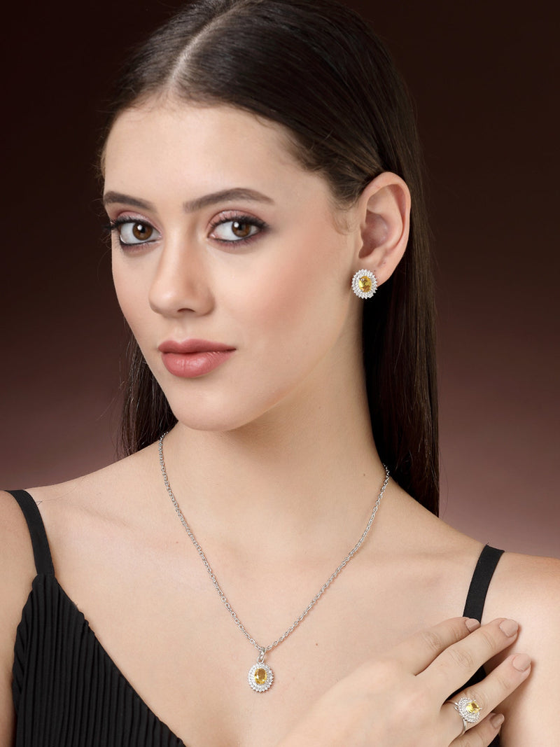 Rhodium Plated Silver Toned Oval Shaped Yellow American Diamond Studded Pendant Combo With Ring