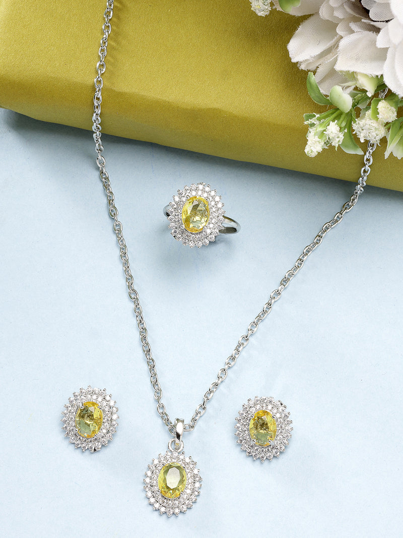 Rhodium Plated Silver Toned Oval Shaped Yellow American Diamond Studded Pendant Combo With Ring