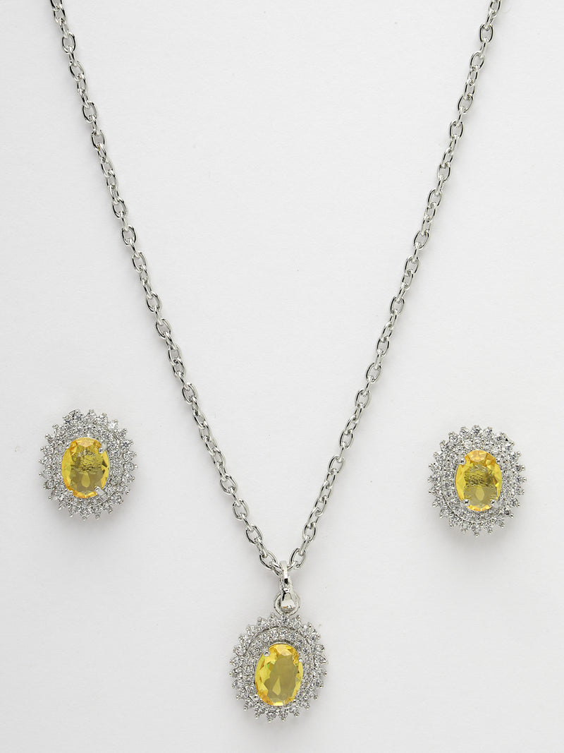 Rhodium Plated Silver Toned Oval Shaped Yellow American Diamond Studded Pendant Combo With Ring