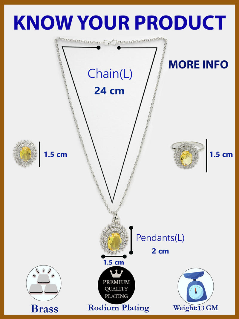 Rhodium Plated Silver Toned Oval Shaped Yellow American Diamond Studded Pendant Combo With Ring