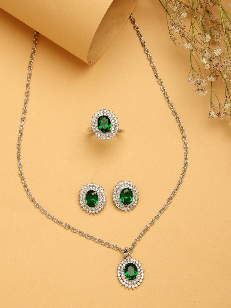 Rhodium Plated Silver Toned Oval Shaped Emarald Green American Diamond Studded Pendant Combo With Ring