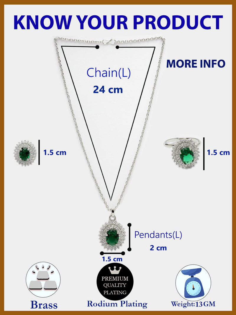 Rhodium Plated Silver Toned Oval Shaped Emarald Green American Diamond Studded Pendant Combo With Ring