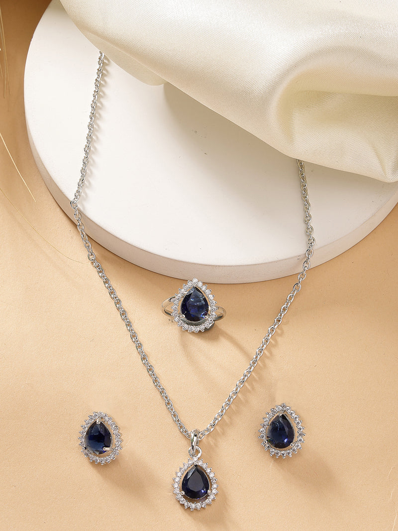 Rhodium Plated Silver Toned Tear Dropped Shaped Royal Blue American Diamond Studded Pendant Combo With Ring