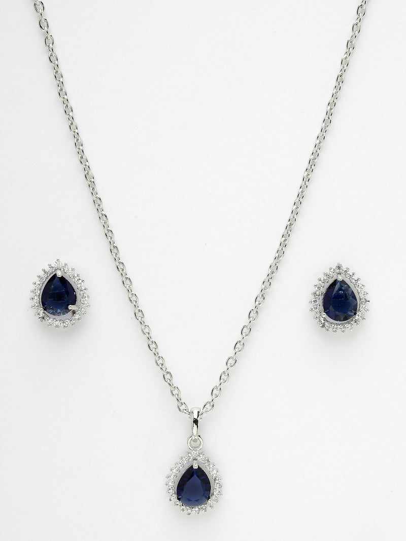 Rhodium Plated Silver Toned Tear Dropped Shaped Royal Blue American Diamond Studded Pendant Combo With Ring