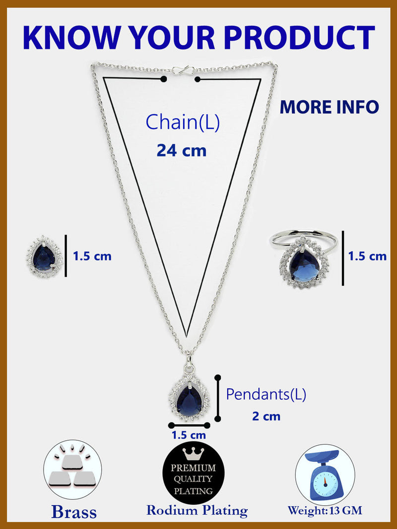 Rhodium Plated Silver Toned Tear Dropped Shaped Royal Blue American Diamond Studded Pendant Combo With Ring