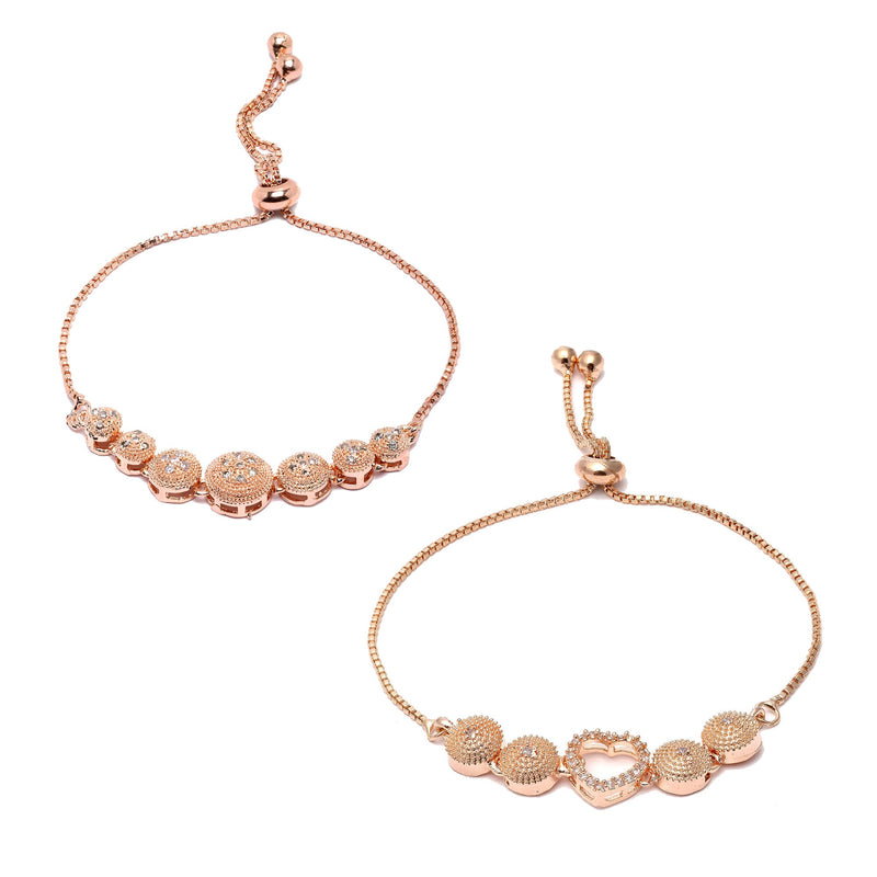 Rose Gold Plated American Diamond Studded Halo Heart & Round Charm Adjustable Bracelet Combo Set of 2