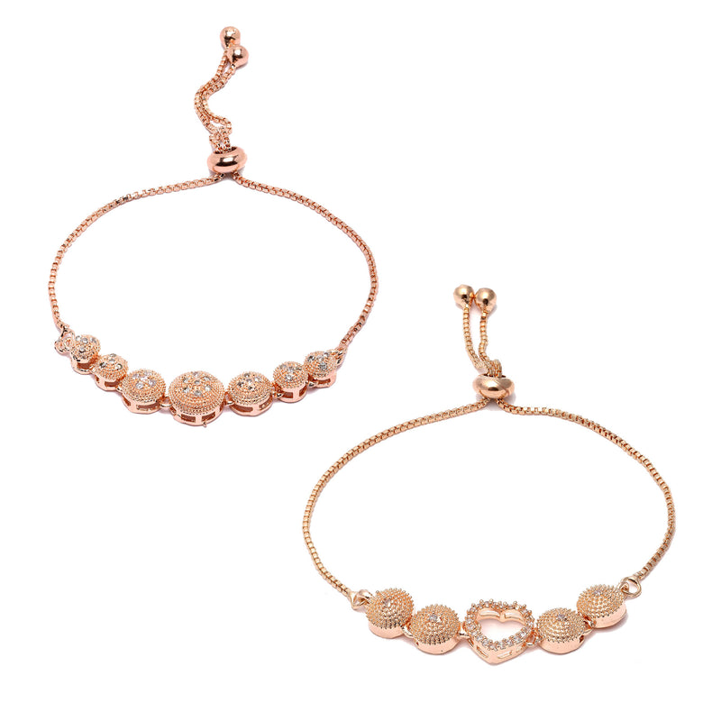 Rose Gold Plated American Diamond Studded Halo Heart & Round Charm Adjustable Bracelet Combo Set of 2