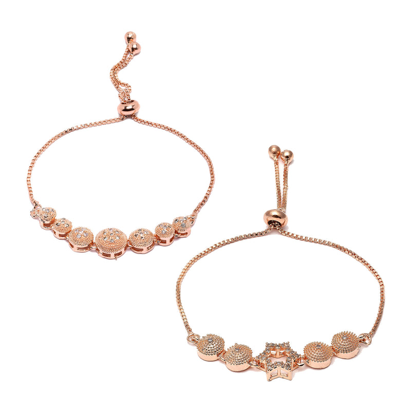 Rose Gold Plated American Diamond Studded Round & Star Charm Adjustable Bracelet Combo Set of 2