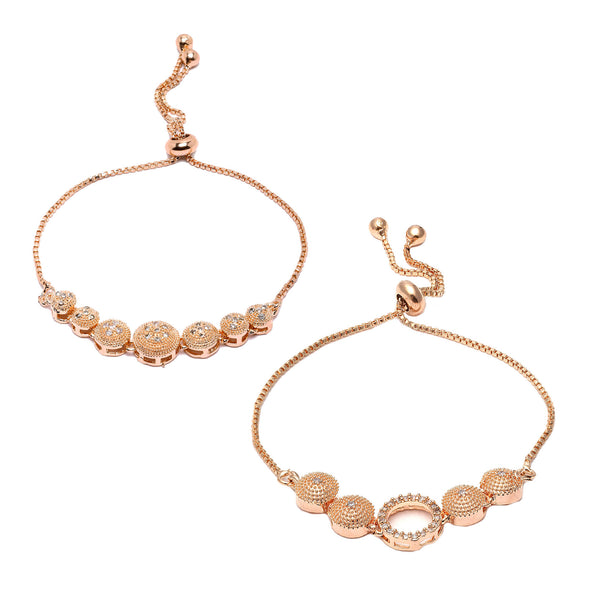 Rose Gold Plated American Diamond Studded Round & Halo Round Charm Adjustable Bracelet Combo Set of 2