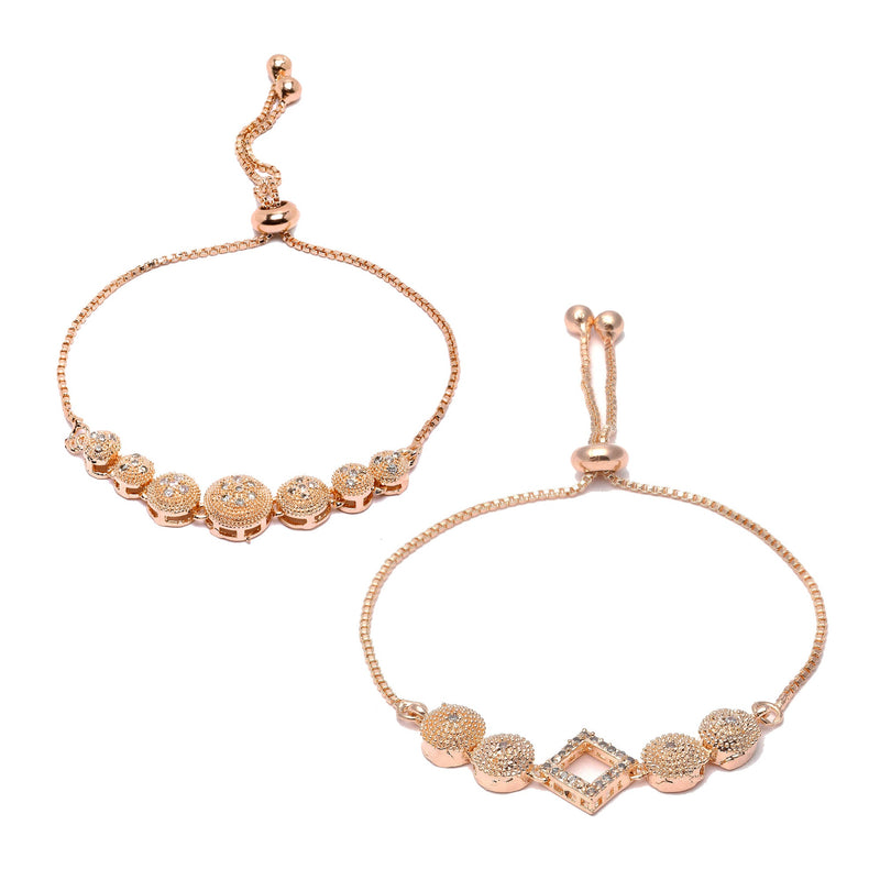Rose Gold Plated American Diamond Studded Round & Squared Charm Adjustable Bracelet Combo Set of 2