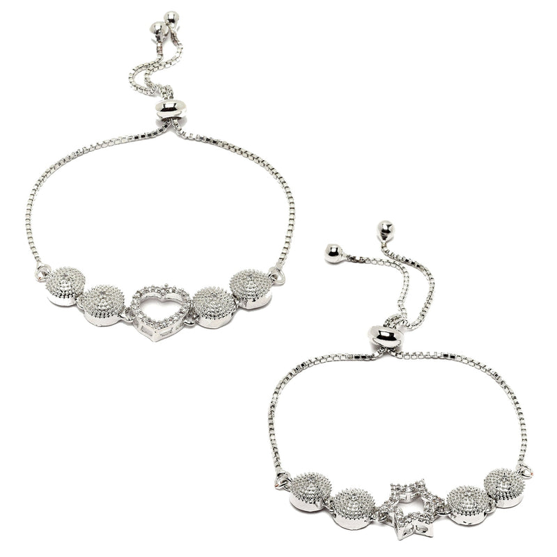 Rhodium Plated Silver Toned American Diamond Studded Heart & Star Charm Adjustable Bracelet Combo Set of 2
