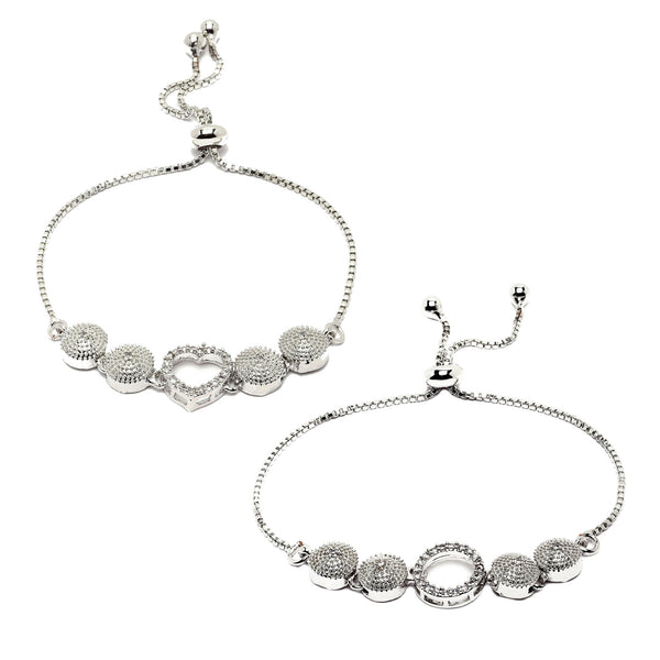 Rhodium Plated Silver Toned American Diamond Studded Heart & Halo Round Charm Adjustable Bracelet Combo Set of 2