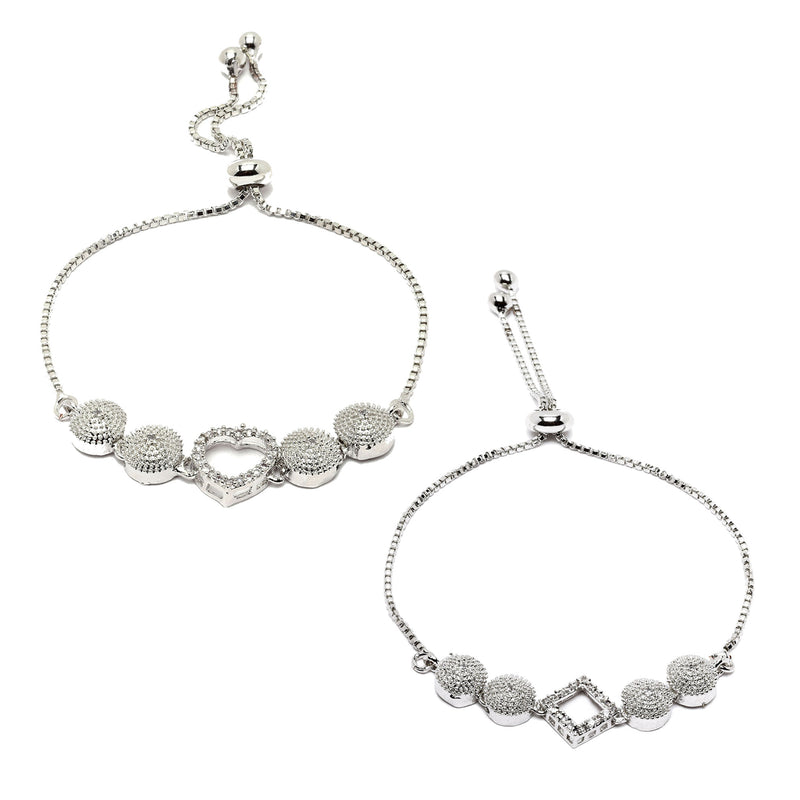Rhodium Plated Silver Toned American Diamond Studded Halo Heart & Square Charm Adjustable Bracelet Combo Set of 2
