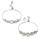 Rhodium Plated Silver Toned American Diamond Studded Heart & Round Design Charm Adjustable Bracelet Combo Set of 2