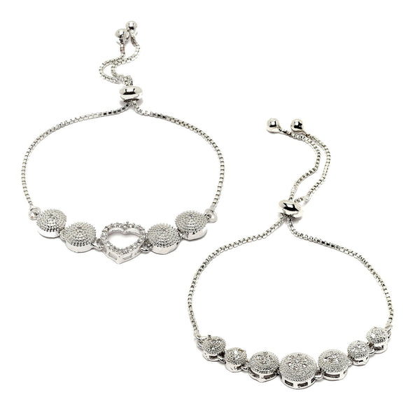 Rhodium Plated Silver Toned American Diamond Studded Heart & Round Charm Adjustable Bracelet Combo Set of 2