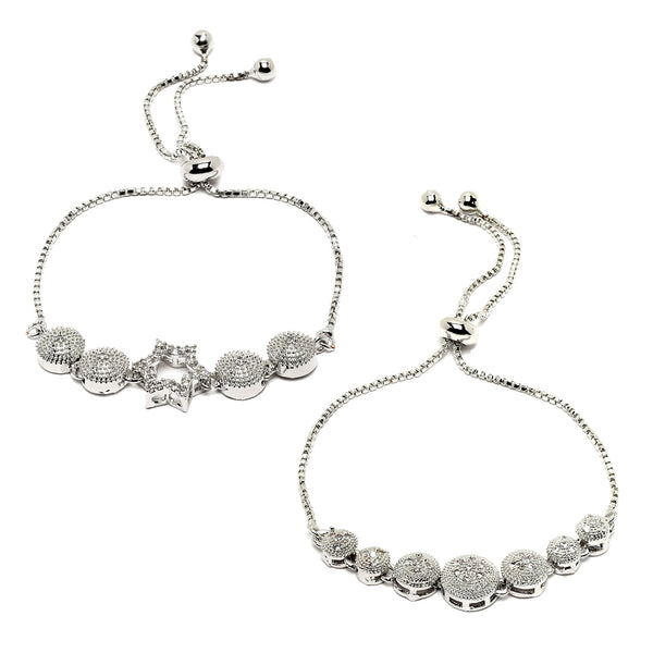 Rhodium Plated Silver Toned American Diamond Studded Round & Star Charm Adjustable Bracelet Combo Set of 2