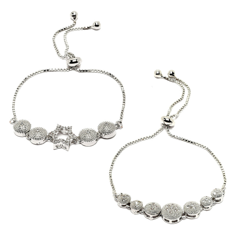 Rhodium Plated Silver Toned American Diamond Studded Round & Star Charm Adjustable Bracelet Combo Set of 2