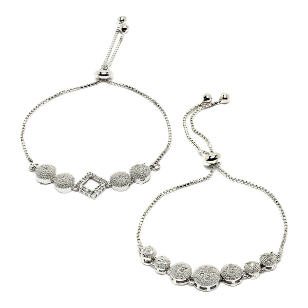 Rhodium Plated Silver Toned American Diamond Studded Square & Round Charm Adjustable Bracelet Combo Set of 2