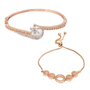 Rose Gold Plated American Diamond Studded Floral Design Cuff Bracelet  & Halo Round Charm Adjustable Bracelet Combo Set Of 2