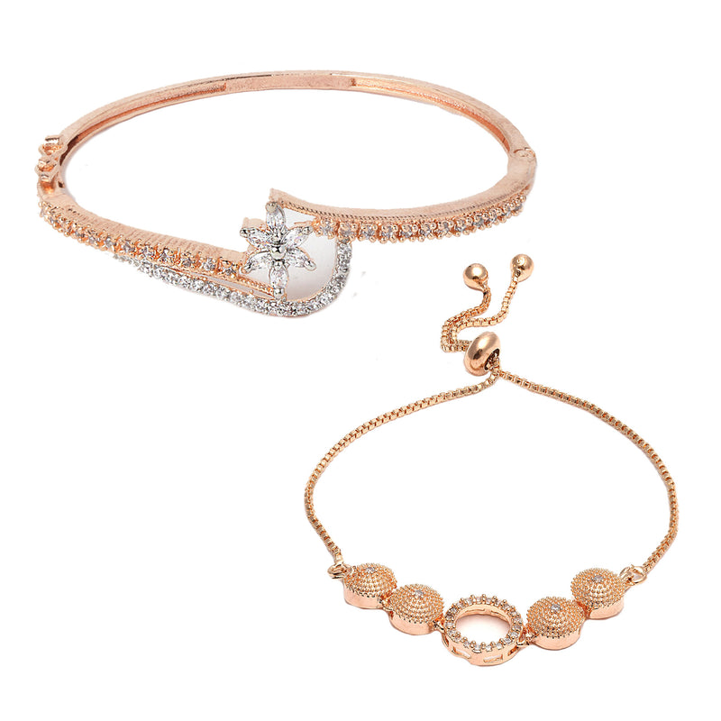 Rose Gold Plated American Diamond Studded Floral Design Cuff Bracelet  & Halo Round Charm Adjustable Bracelet Combo Set Of 2