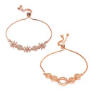 Rose Gold Plated  American Diamond Studded Round & Floral Charm Adjustable Bracelet Combo Set of 2