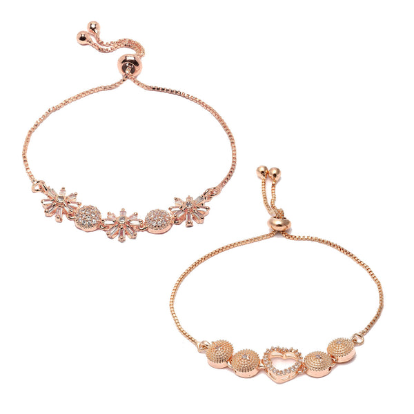 Rose Gold Plated  American Diamond Studded Heart & Floral Charm Adjustable Bracelet Combo Set of 2