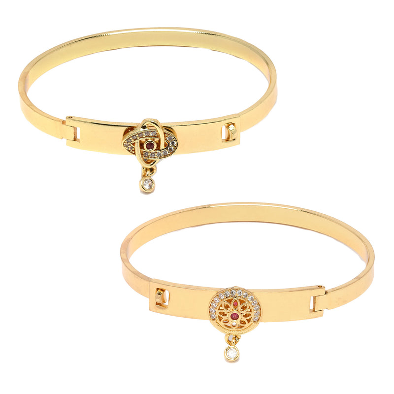 Gold Plated Minimal Design Drop CZ Studded Cuff Bracelet Set Of 2