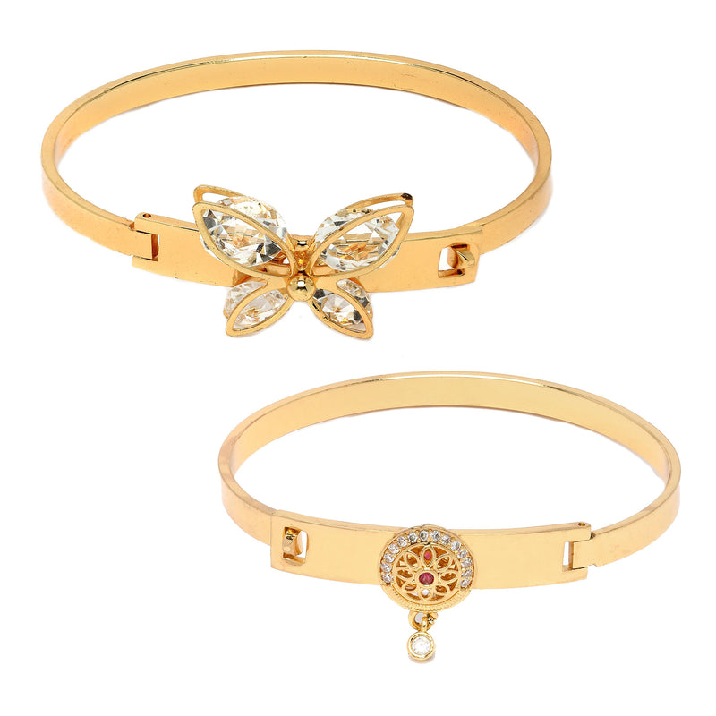 Gold Plated Minimal Design Butterfly & Drop CZ Studded Cuff Bracelet Set of 2