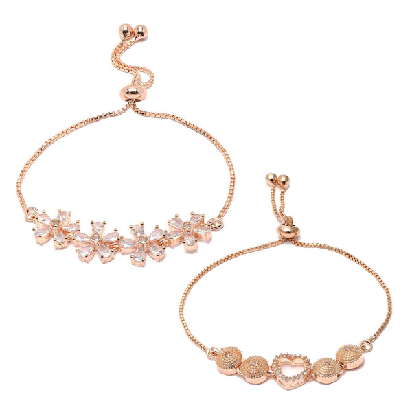 Rose Gold Plated Halo Star Charm Beaded & Floral Design  Set Of 2 Stackable Adjustable Bracelet