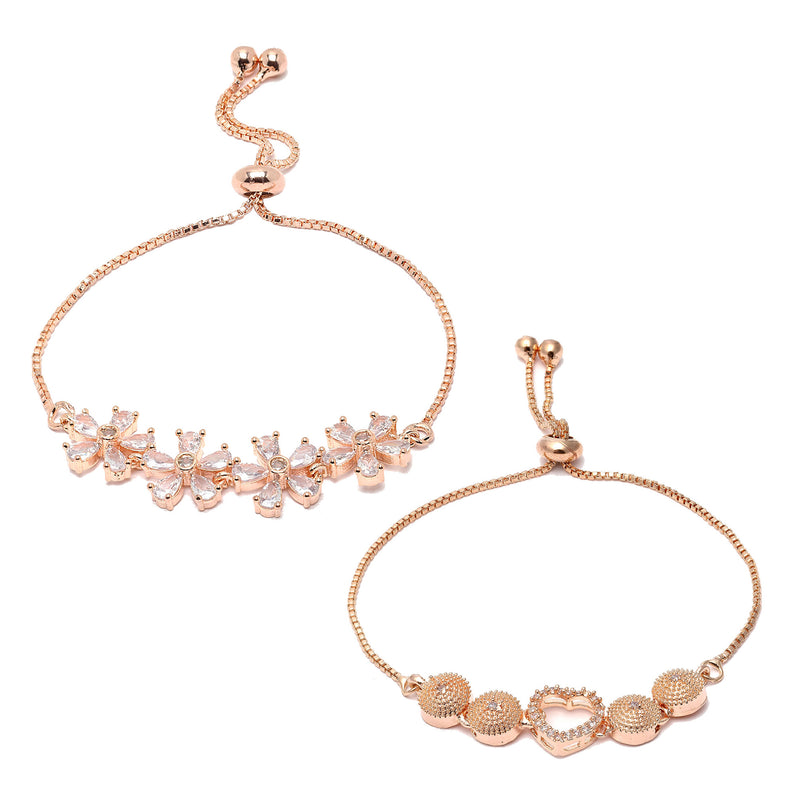 Rose Gold Plated Halo Star Charm Beaded & Floral Design  Set Of 2 Stackable Adjustable Bracelet