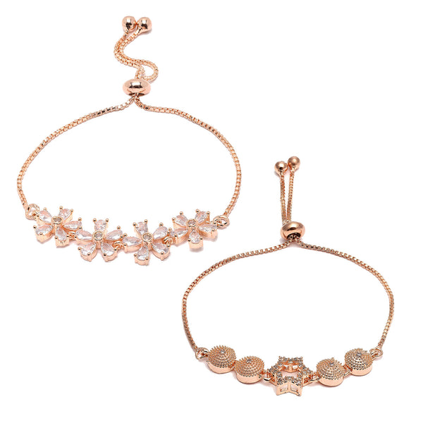 Rose Gold Plated Halo Star Charm Beaded & Floral Design Set of 2 Adjustable Stackable Bracelets