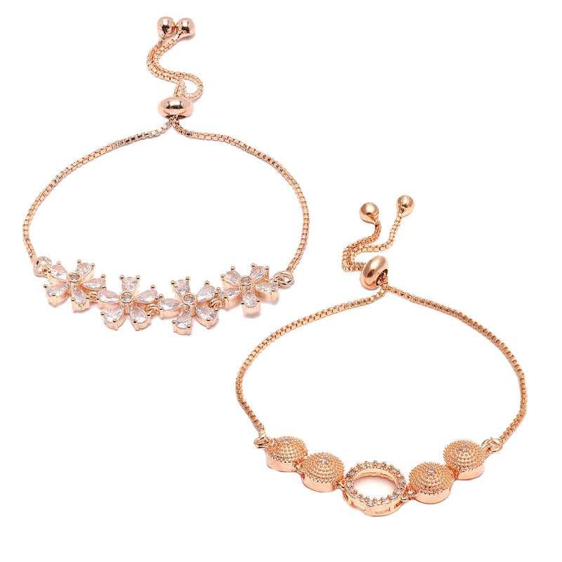 Rose Gold Plated Halo Star Charm Beaded & Floral Design Set Of 2 Adjustable Stackable Bracelets