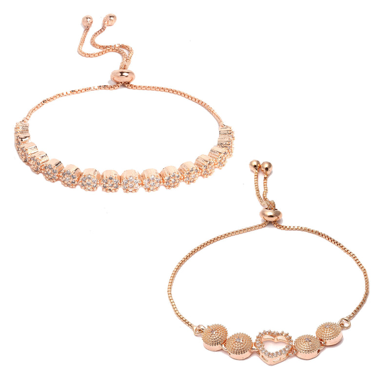 Rose Gold Plated Halo Heart Charm Beaded & round Design Set Of 2  Adjustable Stackable Bracelets