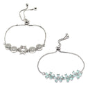 Rhodium Plated Silver Toned American Diamond Studded Star Charm & Sea Green Floral Design Adjustable Bracelet Combo Set of 2