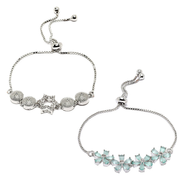 Rhodium Plated Silver Toned American Diamond Studded Star Charm & Sea Green Floral Design Adjustable Bracelet Combo Set of 2