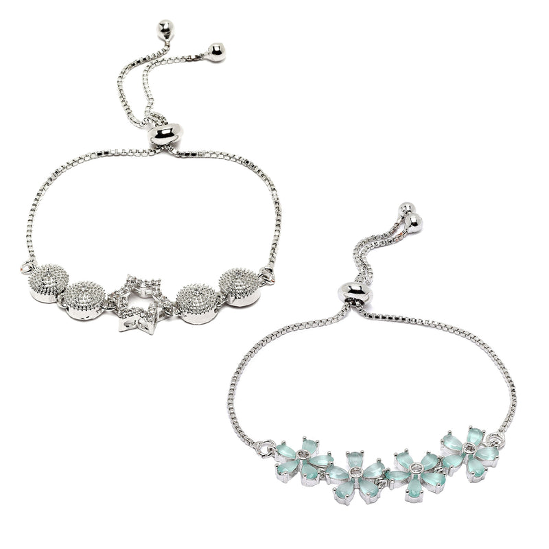 Rhodium Plated Silver Toned American Diamond Studded Star Charm & Sea Green Floral Design Adjustable Bracelet Combo Set of 2